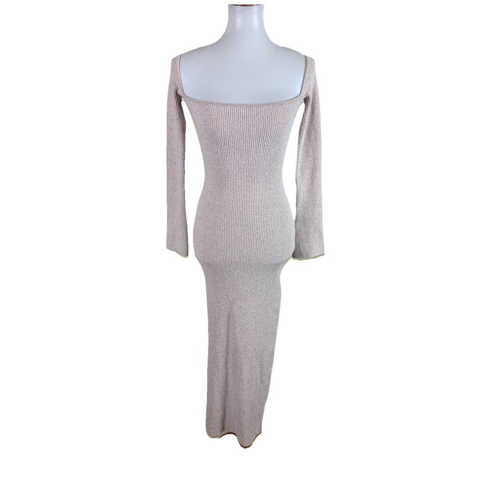 Oh Polly Beige Rib‎ Knit Square Neck Bodycon Maxi Dress L